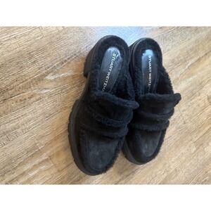 Stuart Weitzman Black Suede Shearling Lug Sole Platform Mules Loafers 8.5B S1524